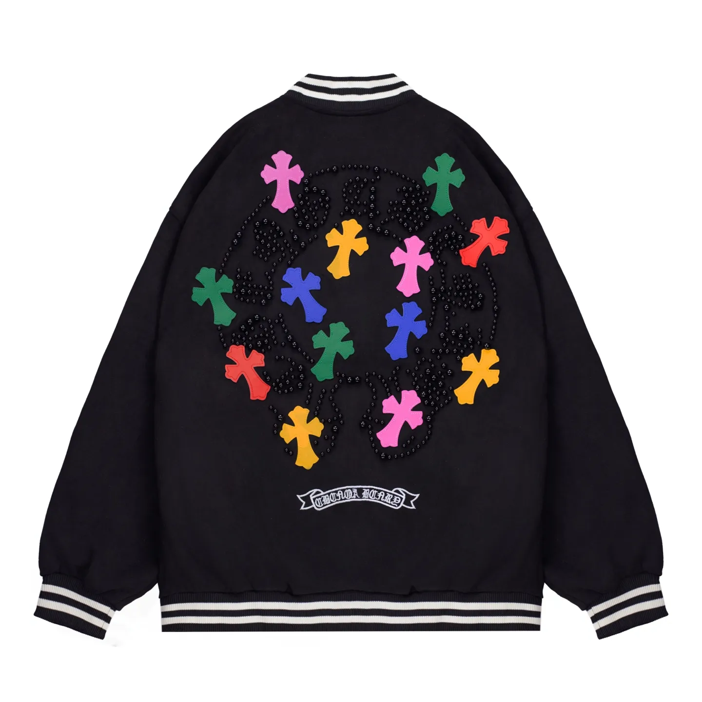 P340 Chrome Hearts heavy industry full pearl Sanskrit pattern baseball jacket jacket OS version can be worn by both men and women!  High thread count suede and cotton fabric! The texture is clear and smooth, not easy to wrinkle or fade!  The embroidery process is complex and repetitive. It takes 4 repeated embroideries to complete all the embroidery. ✅The requirements for the embroidery machine are very strict. We used an imported Tajima embroidery machine for the operation. Such small letters are so clear. We make clothes with care, and every detail must be restored one to one!  The hardware is all carved and cast, and they are all genuine from the original factory!  This piece of clothing consumes a lot of material, with more than 2 meters of material used for one piece of clothing! After the garment is made, it needs to be fixed at high temperature, washed at a water temperature of more than 70 degrees, and softened by adding softener to make the upper body softer and smoother!  The workmanship is extremely complex and can be called a handicraft!  Color: black